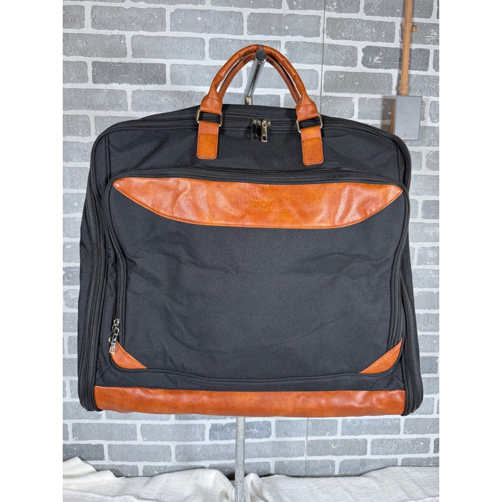 Black Nylon Garment Bag Tan Trim Folding Suit Carrier Travel‎ Bag
